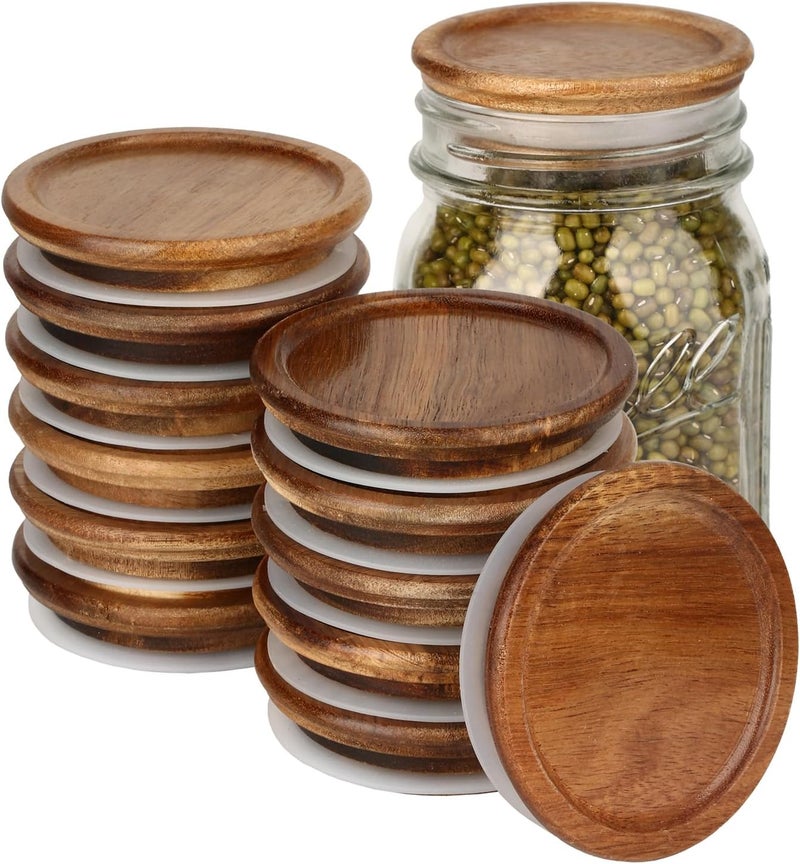 DingCo 12 Pack Wide Mouth Mason Jar Lids, Reusable Canning Lids with Wooden and Silicone Seals - Perfect for Canning and Preserving in Mason Jars, Brown (12PCS Wide Lids) - Image 1